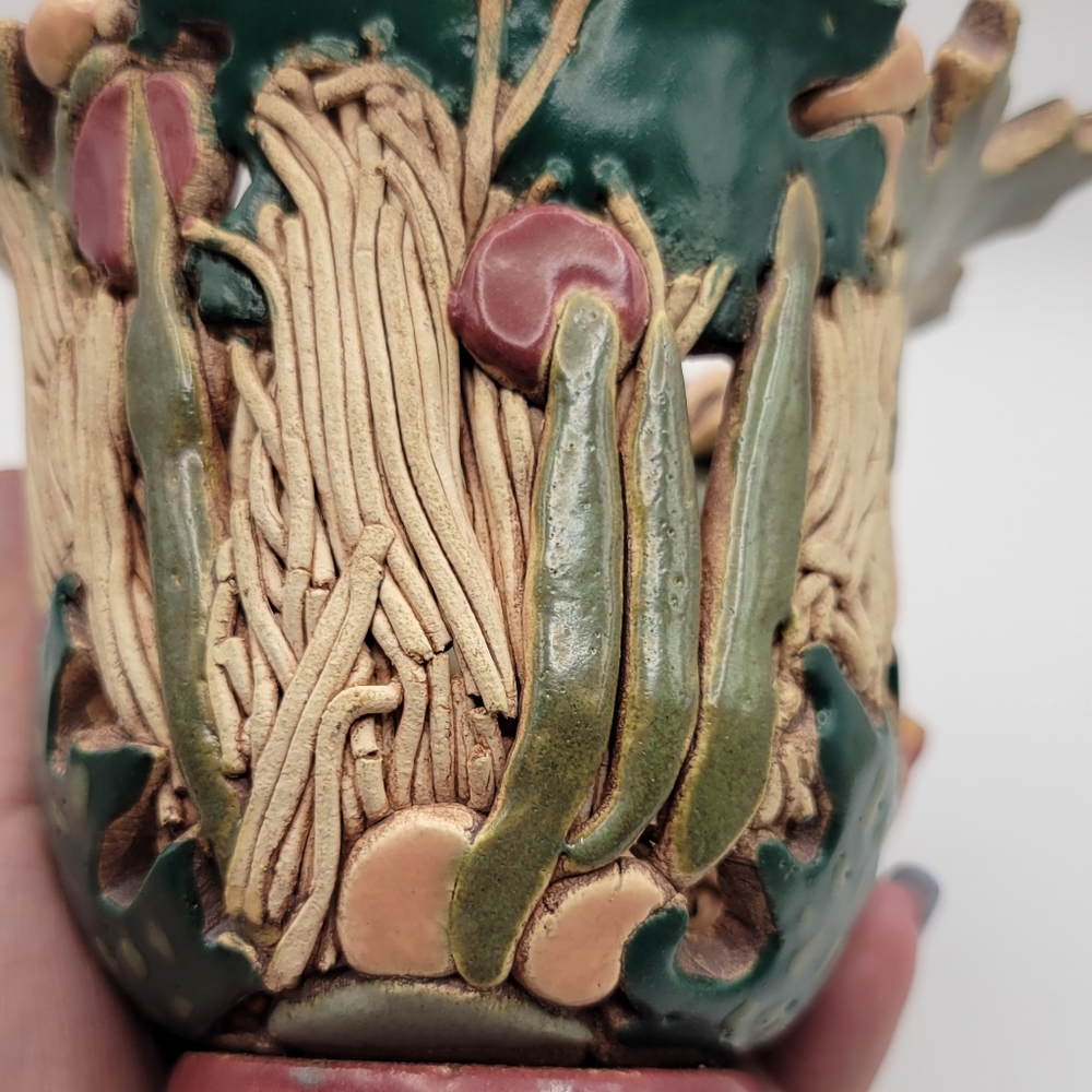 Handmade Art Pottery Candle Holder. Artist Signed. Woodland Design. - Picture 6 of 13